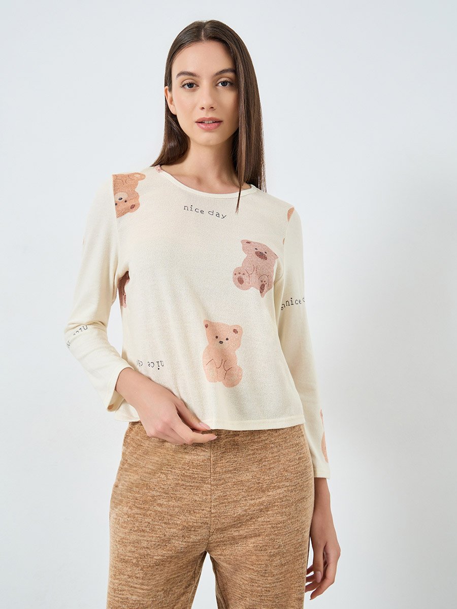 Cozy Beige Bear Print T-Shirt and Pyjama Set