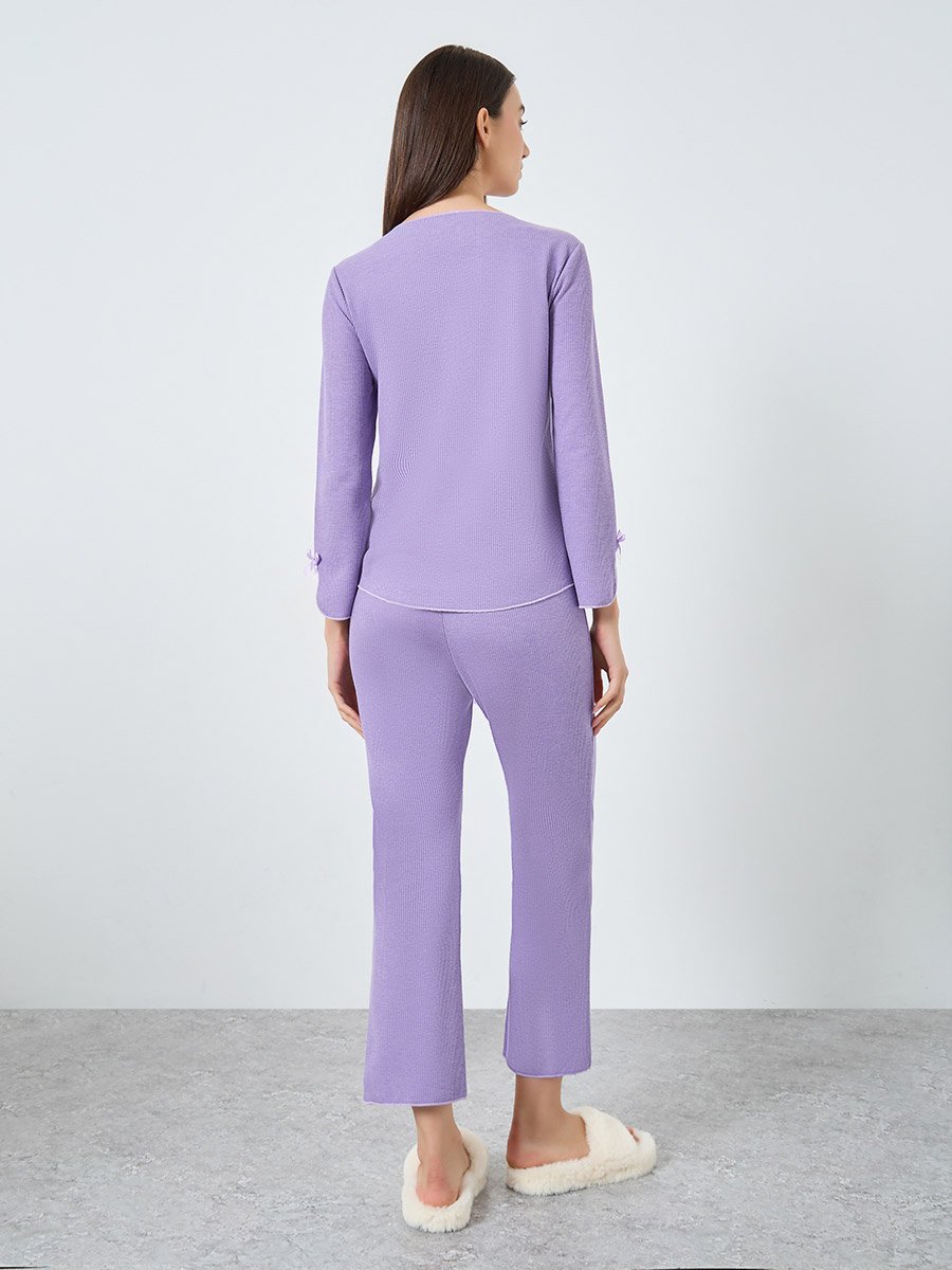 Bow Detail V Neck Knit T-Shirt and Pyjama Set