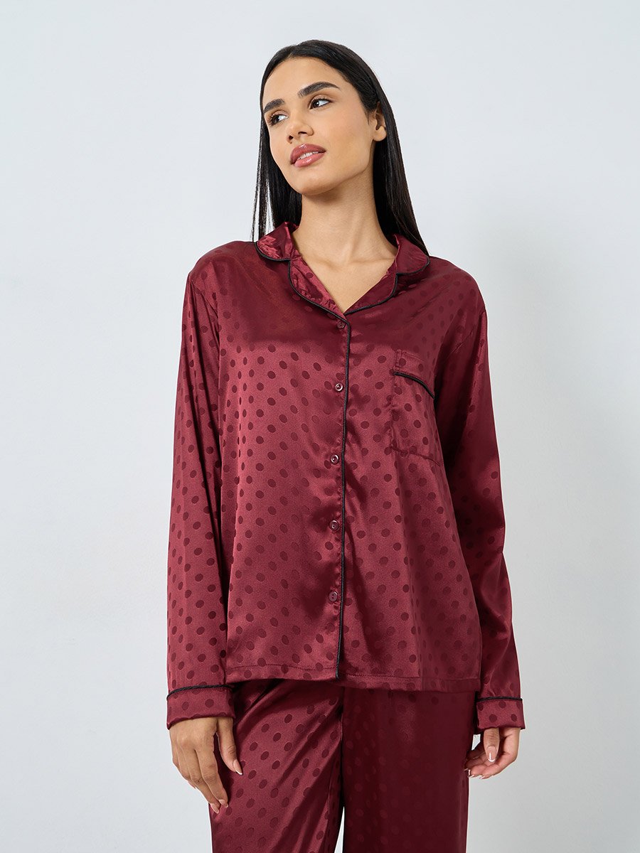 Satin Polka Dot Jacquard Shirt and Straight Leg Pyjama Set