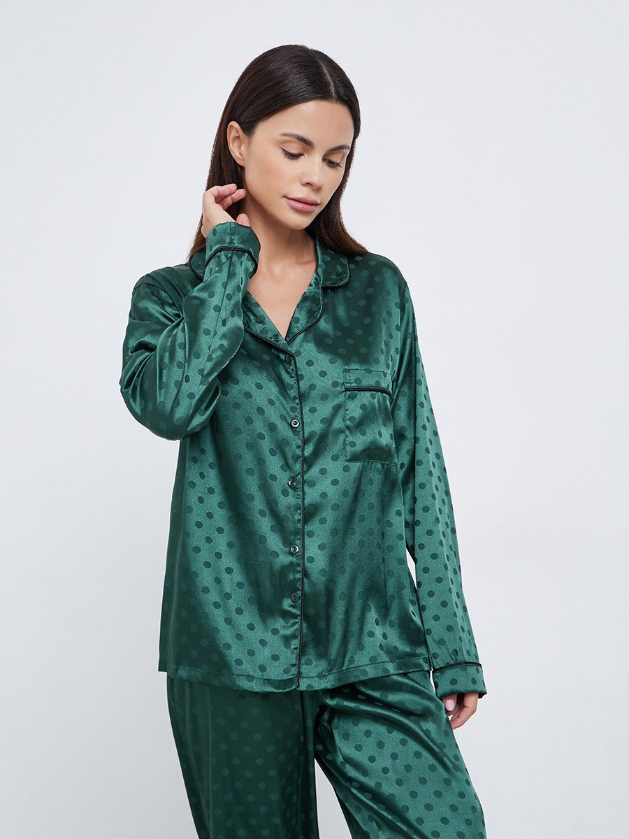 Satin Polka Dot Jacquard Shirt and Straight Leg Pyjama Set