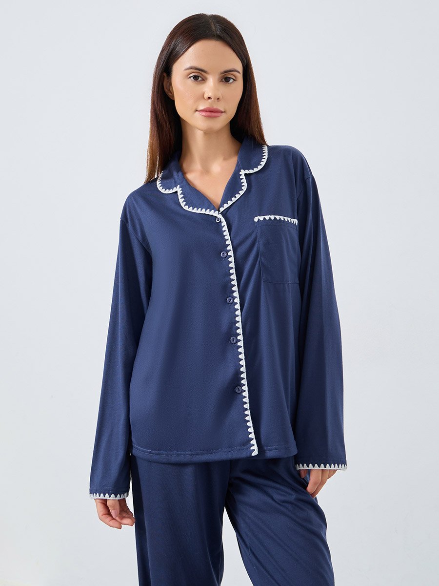 Navy Whipstitch Embroidery Edge Shirt and Pyjama Set For Women at 