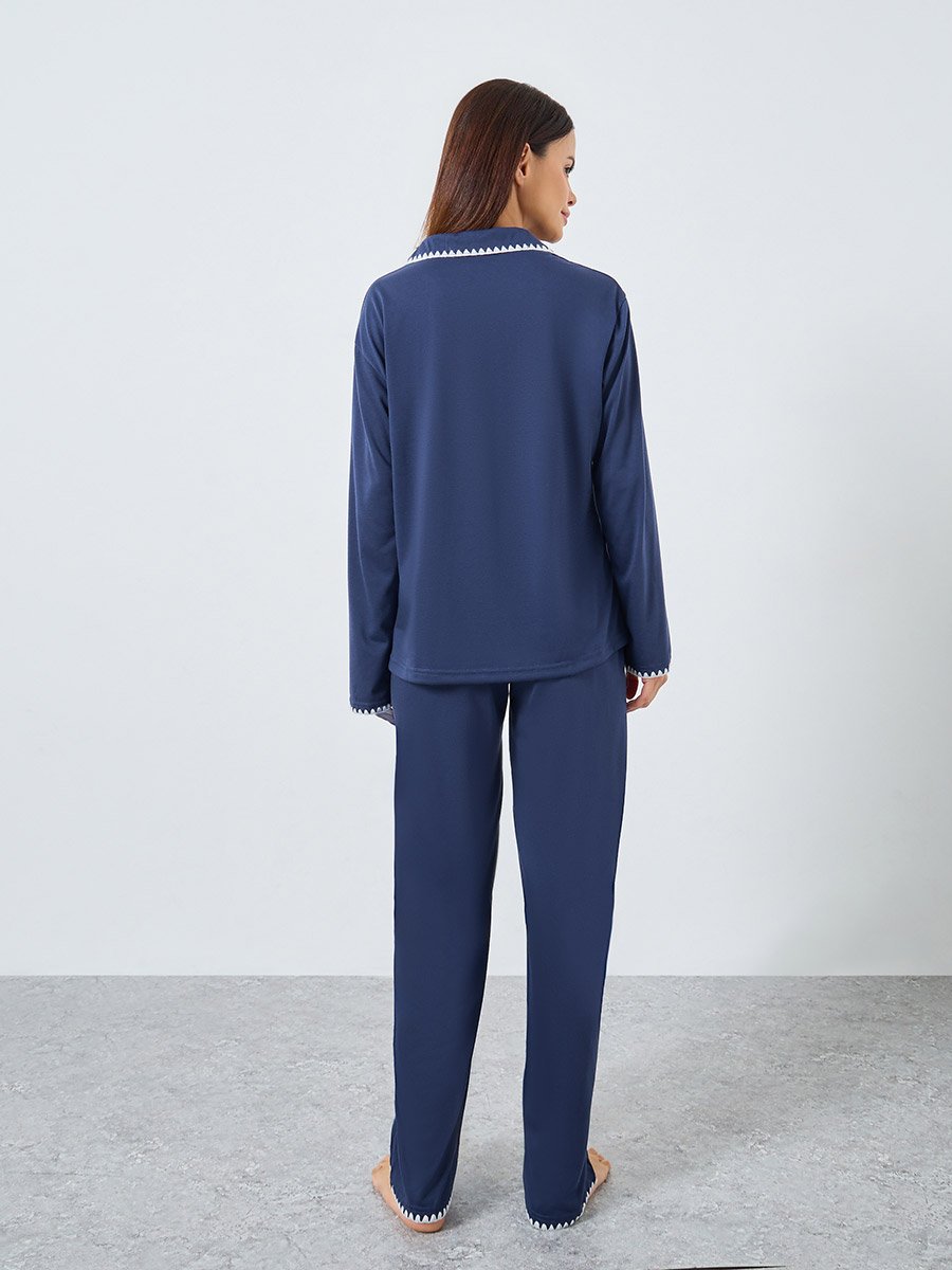 Navy Whipstitch Embroidery Edge Shirt and Pyjama Set For Women at 