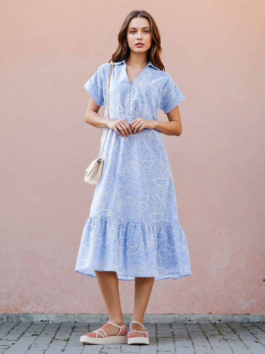green emerald velvet dress Indigo Striped With Schiffli Embroidered Tiered Layered Women Dress main image 1
