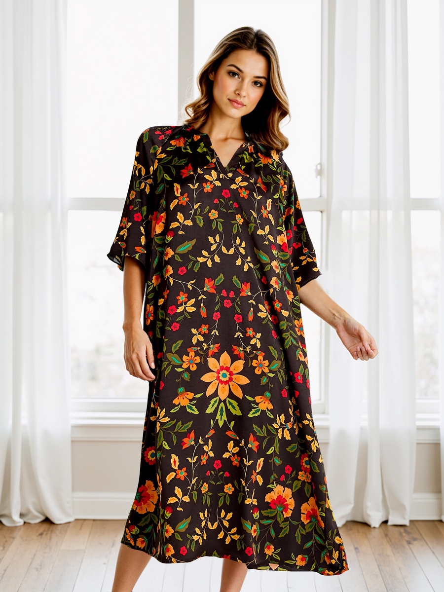 Printed Nightdress with Collar and 3/4 Sleeves