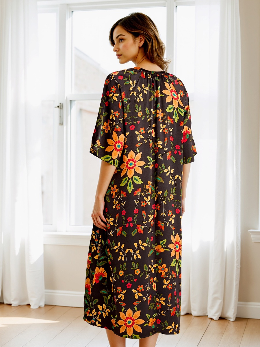 Printed Nightdress with Collar and 3/4 Sleeves