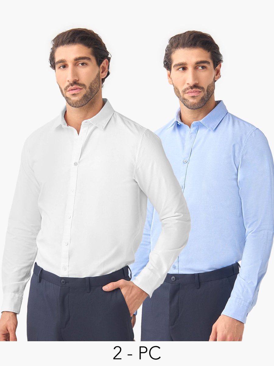 Set of 2 - Regular Fit Oxford Shirt with Collar and Long Sleeves