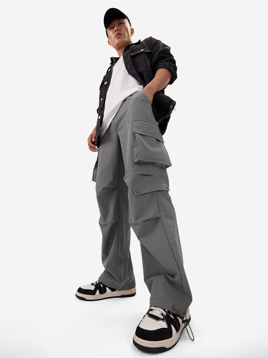 Men Grey Cargo Pocket Parachute Pants