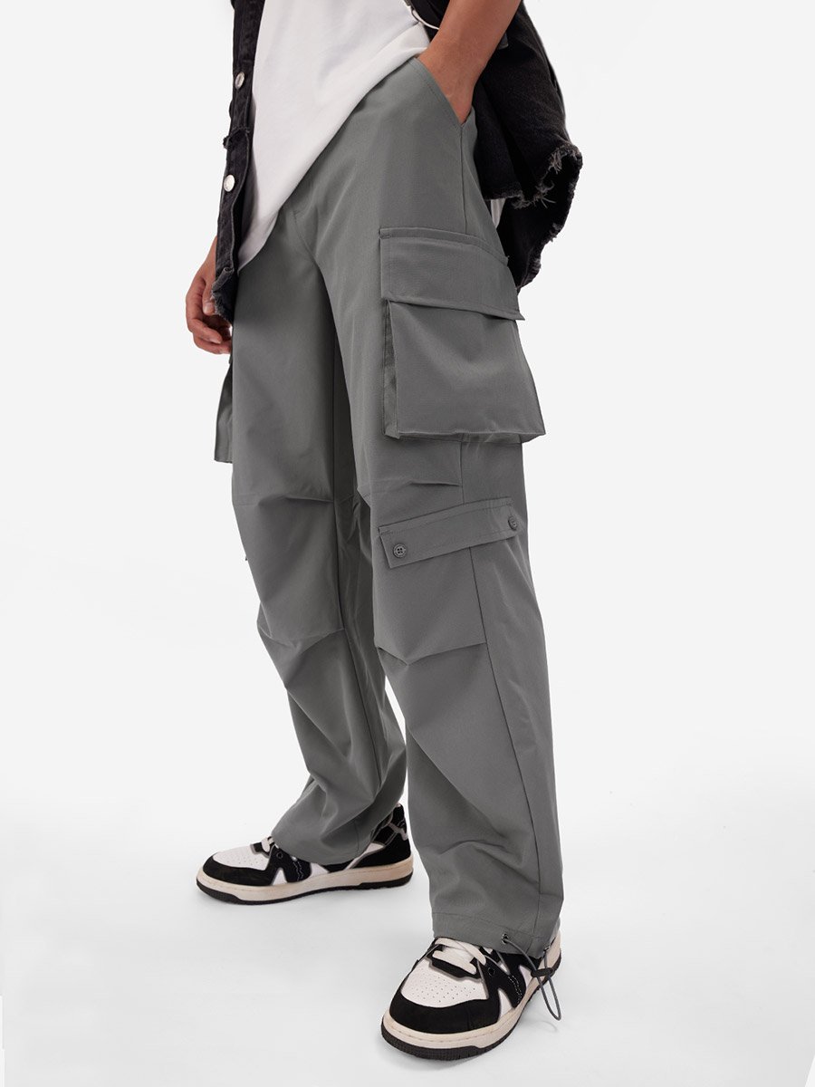 Men Grey Cargo Pocket Parachute Pants
