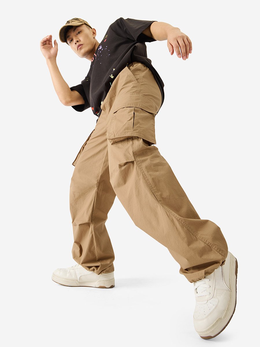 Men Brown Cargo Pocket Parachute Pants