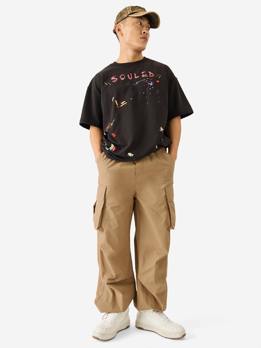 Men Brown Cargo Pocket Parachute Pants