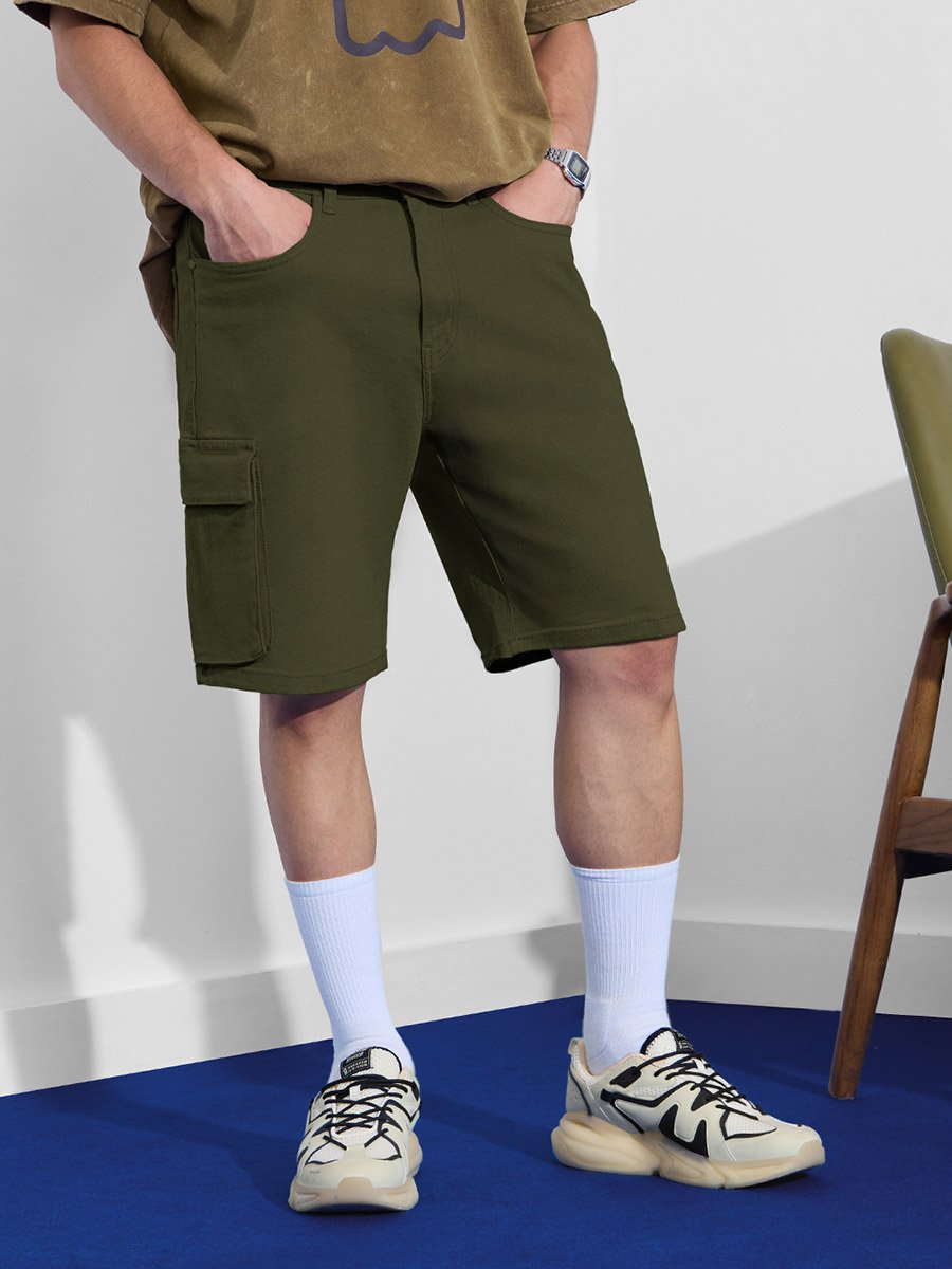 Men Dark Green Denim Cargo Shorts