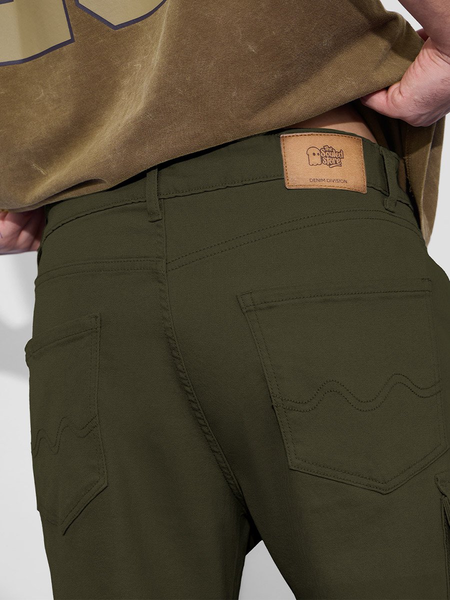 Men Dark Green Denim Cargo Shorts