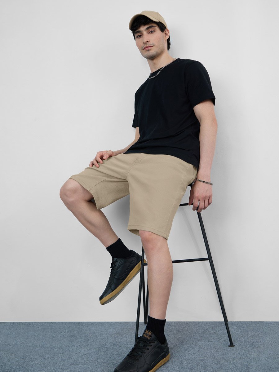 Men Beige Knee Length Plain Denim Shorts