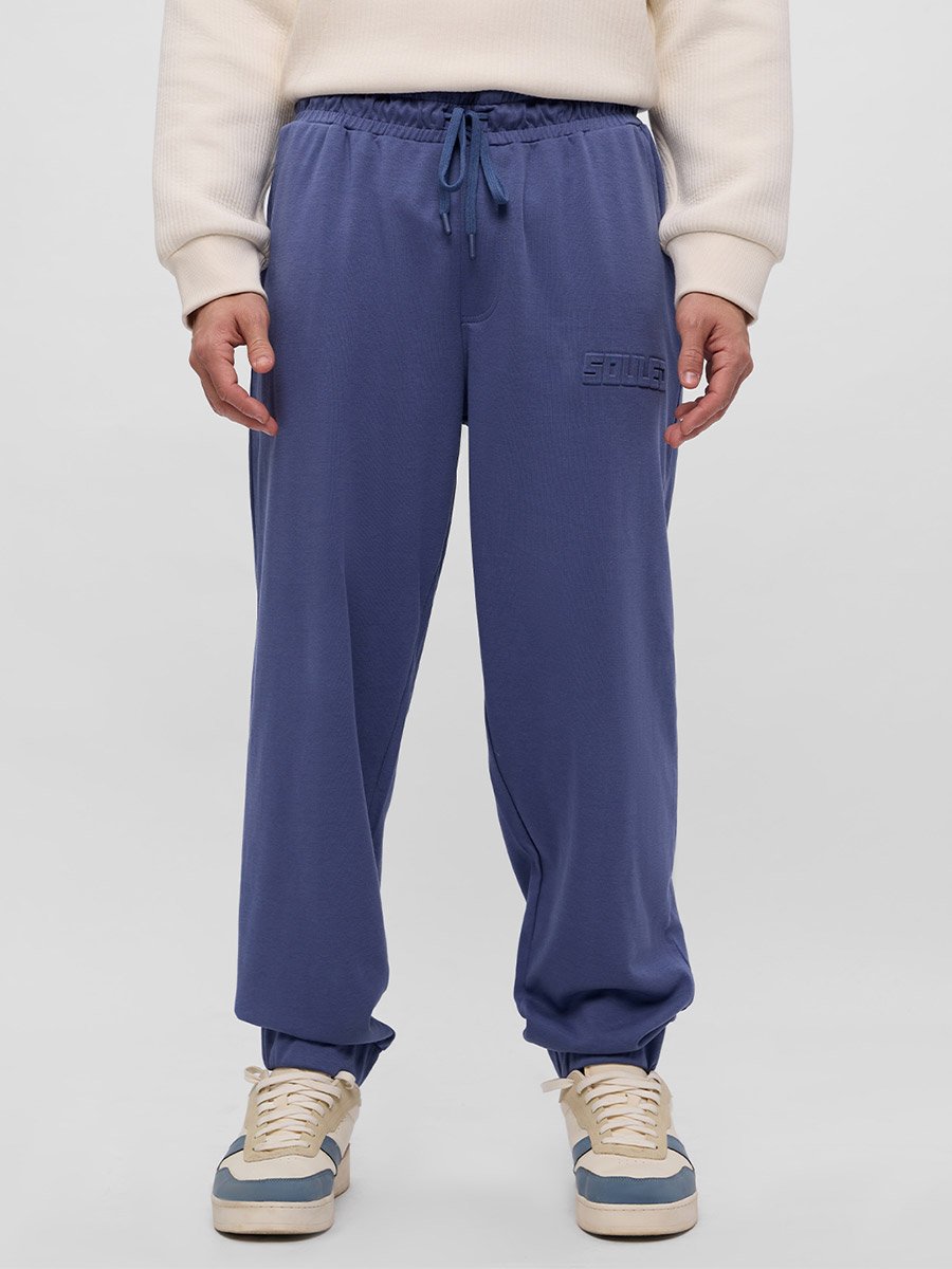 Men Blue Embossed Detail Oversized Joggers