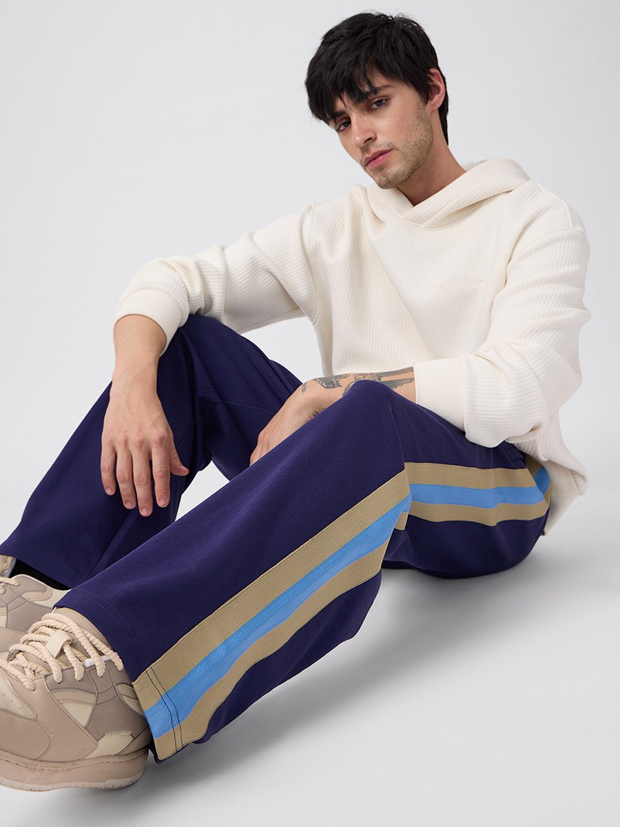 Men Blue Side Striped Panel Korean Joggers