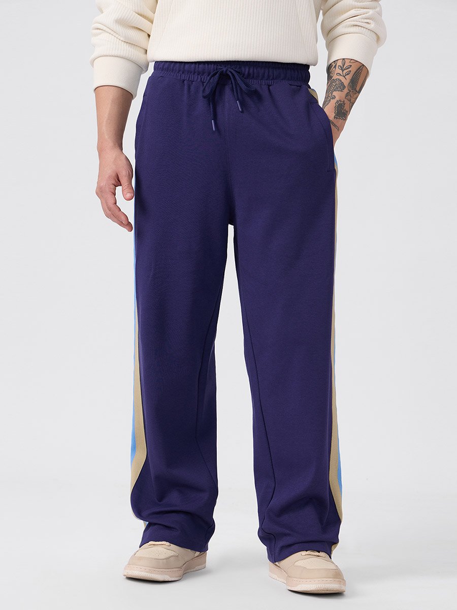 Men Blue Side Striped Panel Korean Joggers