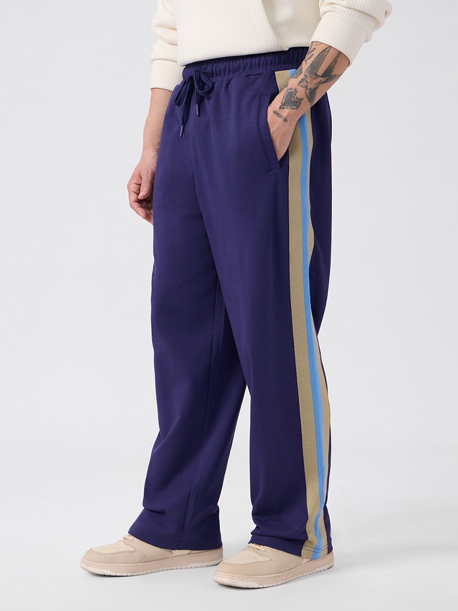 Men Blue Side Striped Panel Korean Joggers