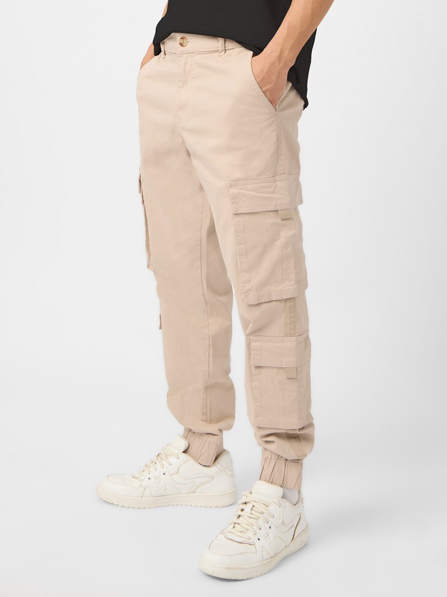 Men Beige Cuffed Cargo Joggers