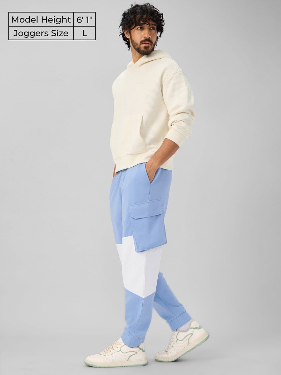 Men Blue Color Block Utility Cargo Joggers