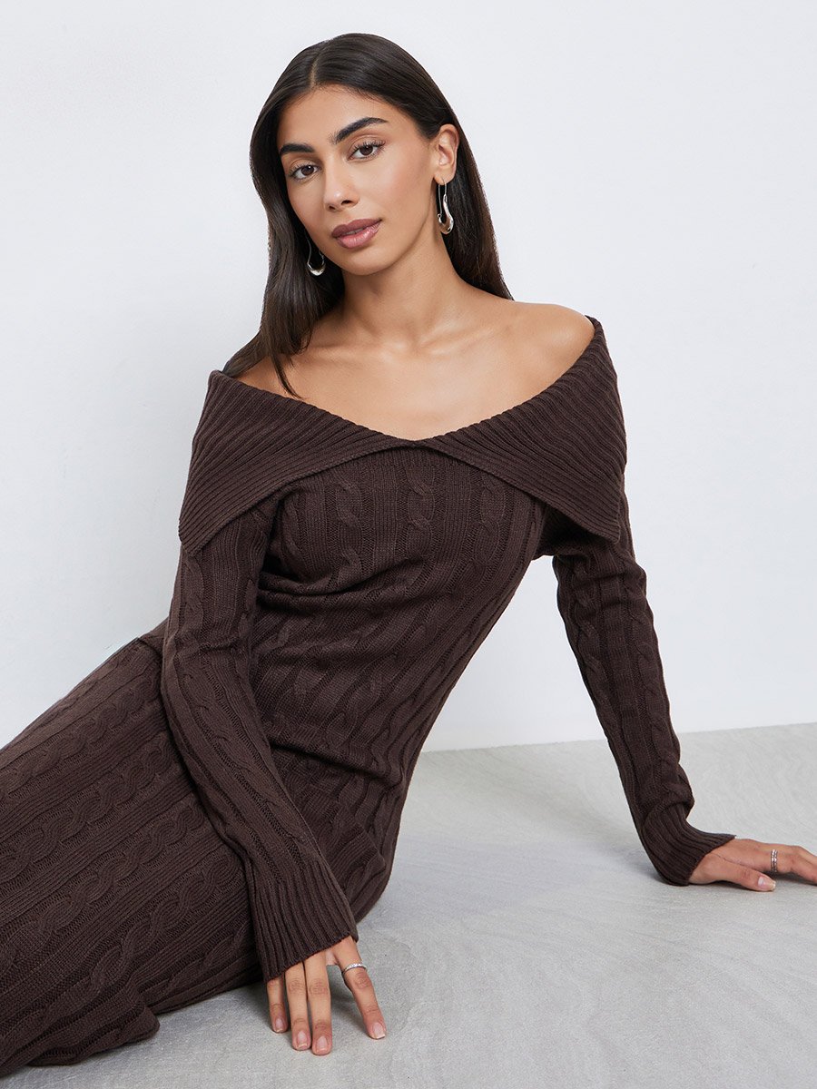 Brown Cable Knit Sweater Midi Dress For Women at Saudi | Styli