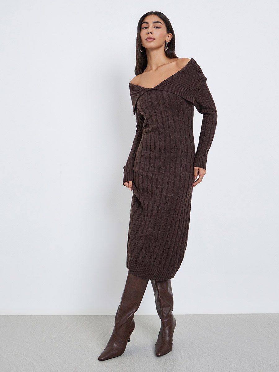 Brown Cable Knit Sweater Midi Dress For Women at Saudi | Styli Brown Cable Knit Sweater Midi Dress For Women at Saudi | Styli