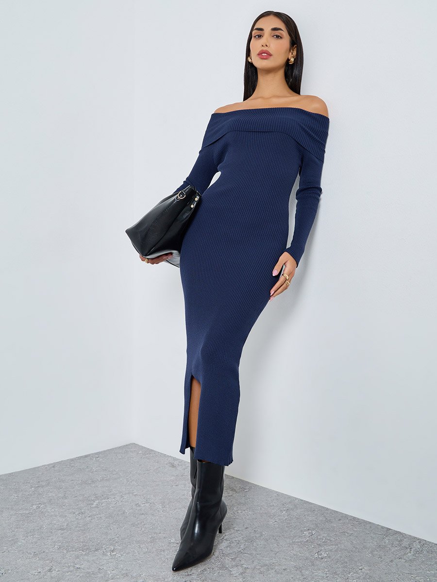 Blue Bardot Neck Sweater Midi Dress