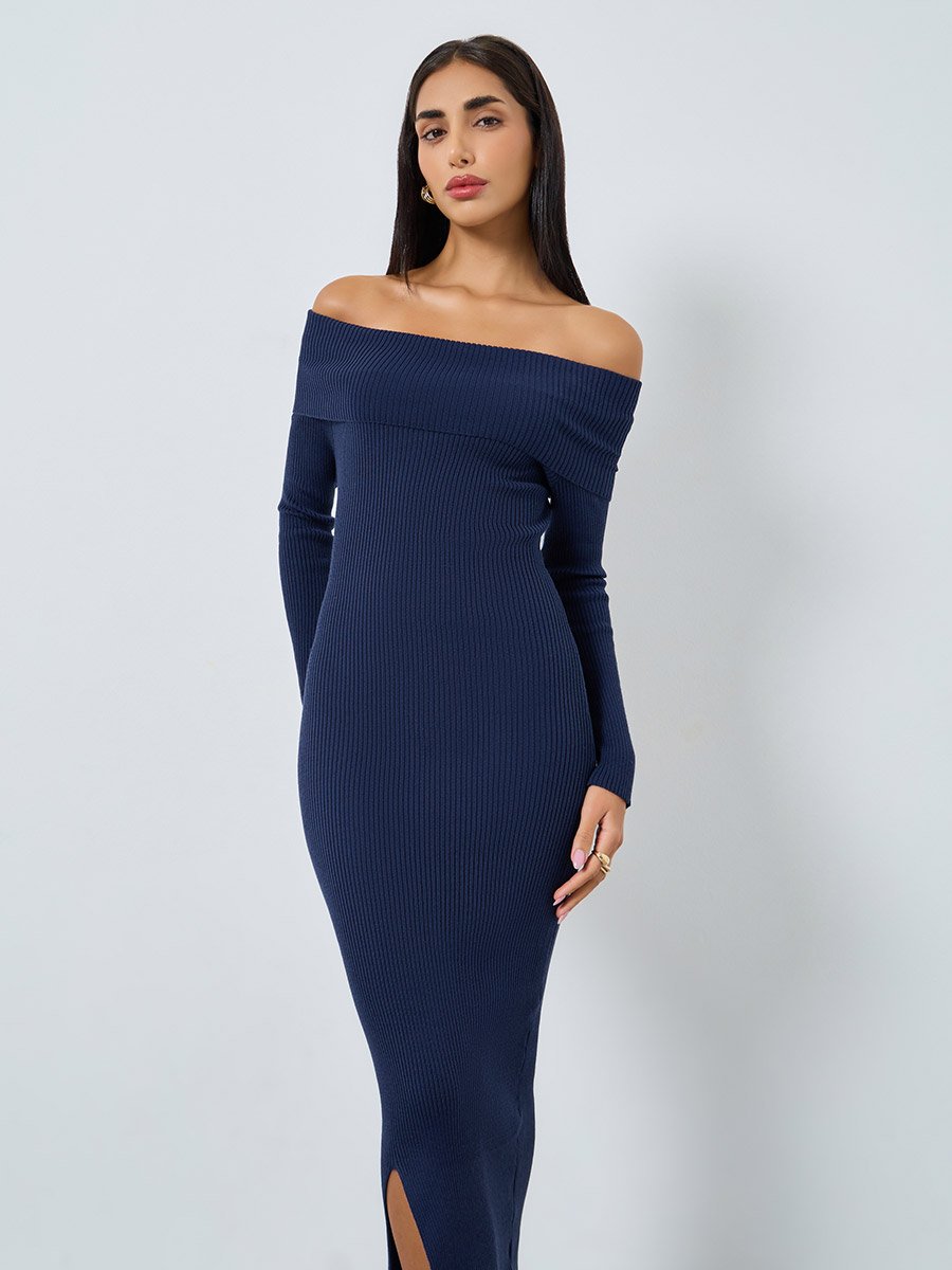 Blue Bardot Neck Sweater Midi Dress
