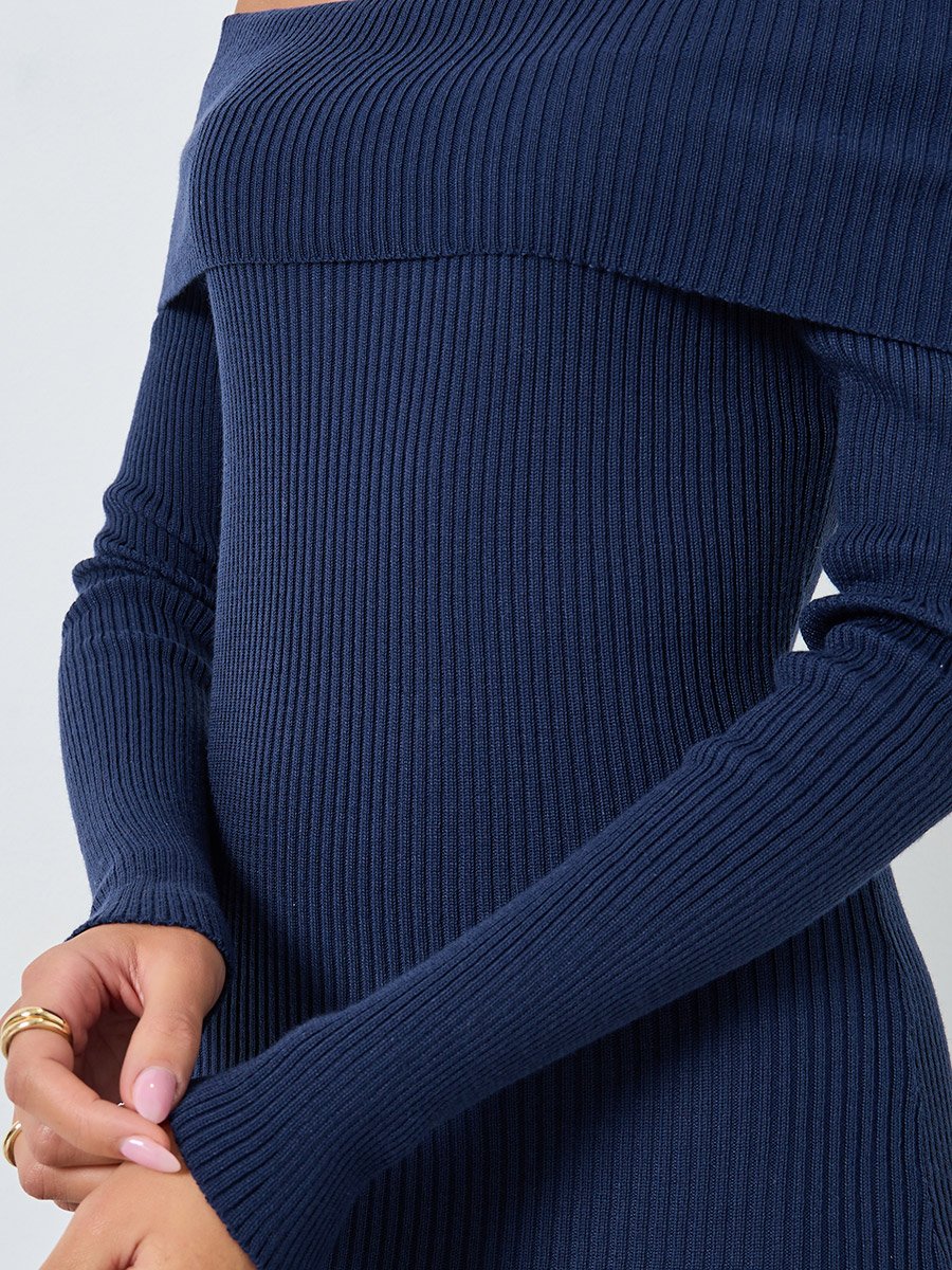 Blue Bardot Neck Sweater Midi Dress