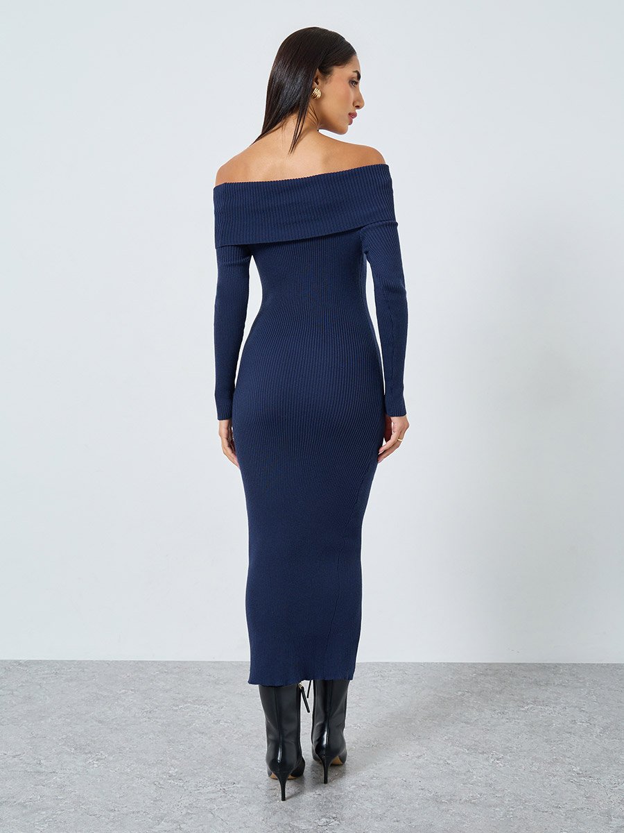 Blue Bardot Neck Sweater Midi Dress