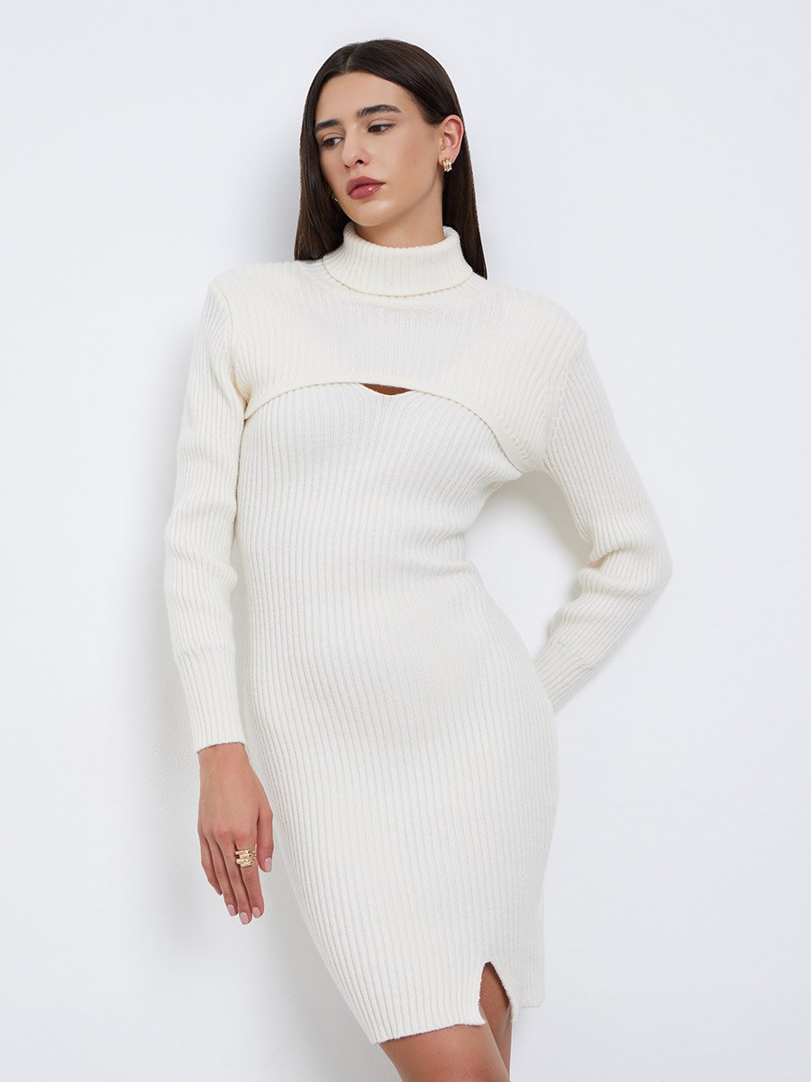 Off White Sweater Knit Knee Length Dress