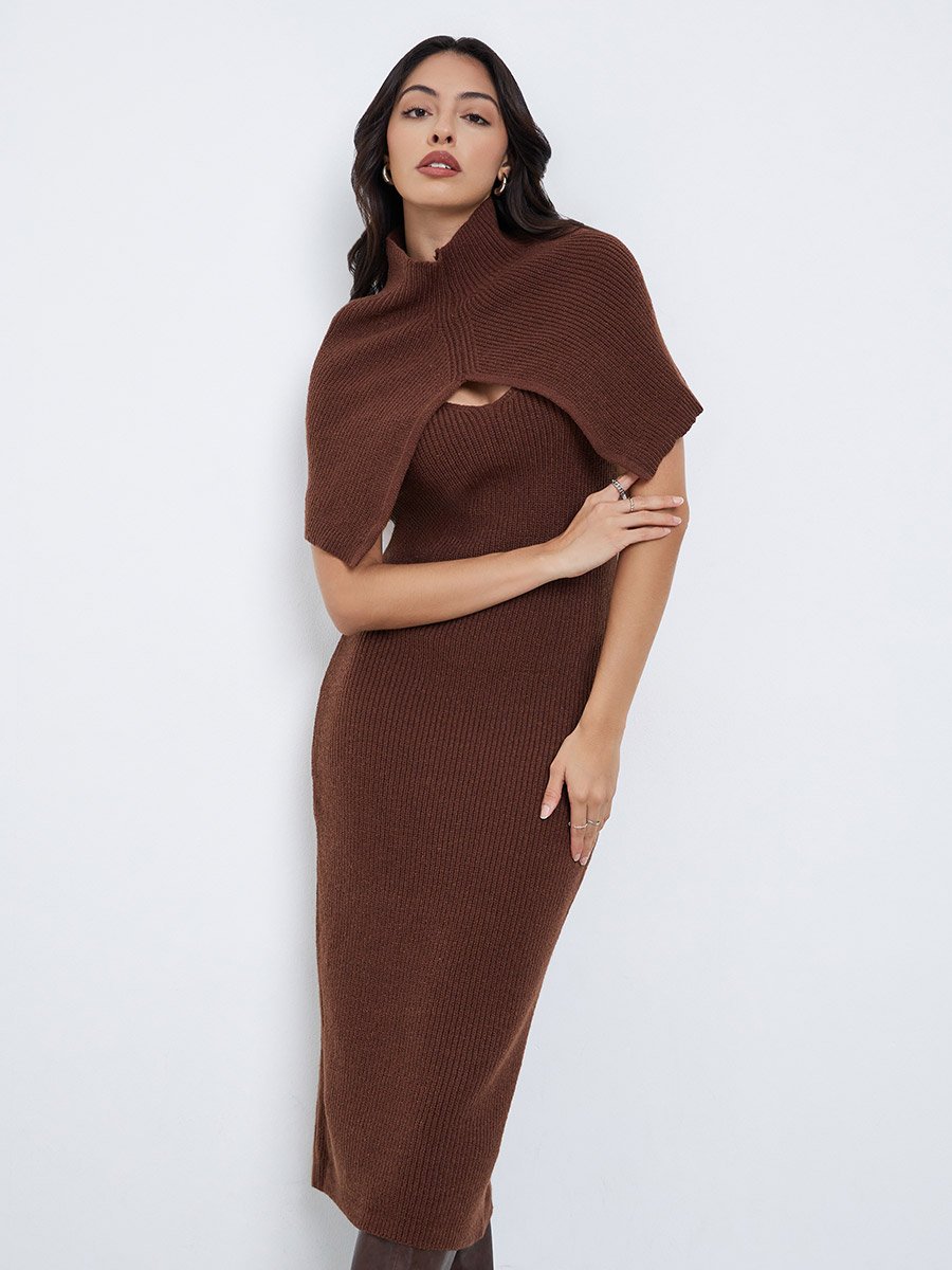Brown Sweater Midi Dress with Detachable Cape Sleeve For Women at Saudi |  Styli