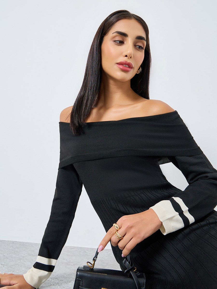 Color Block Off Shoulder Sweater Midi Dress