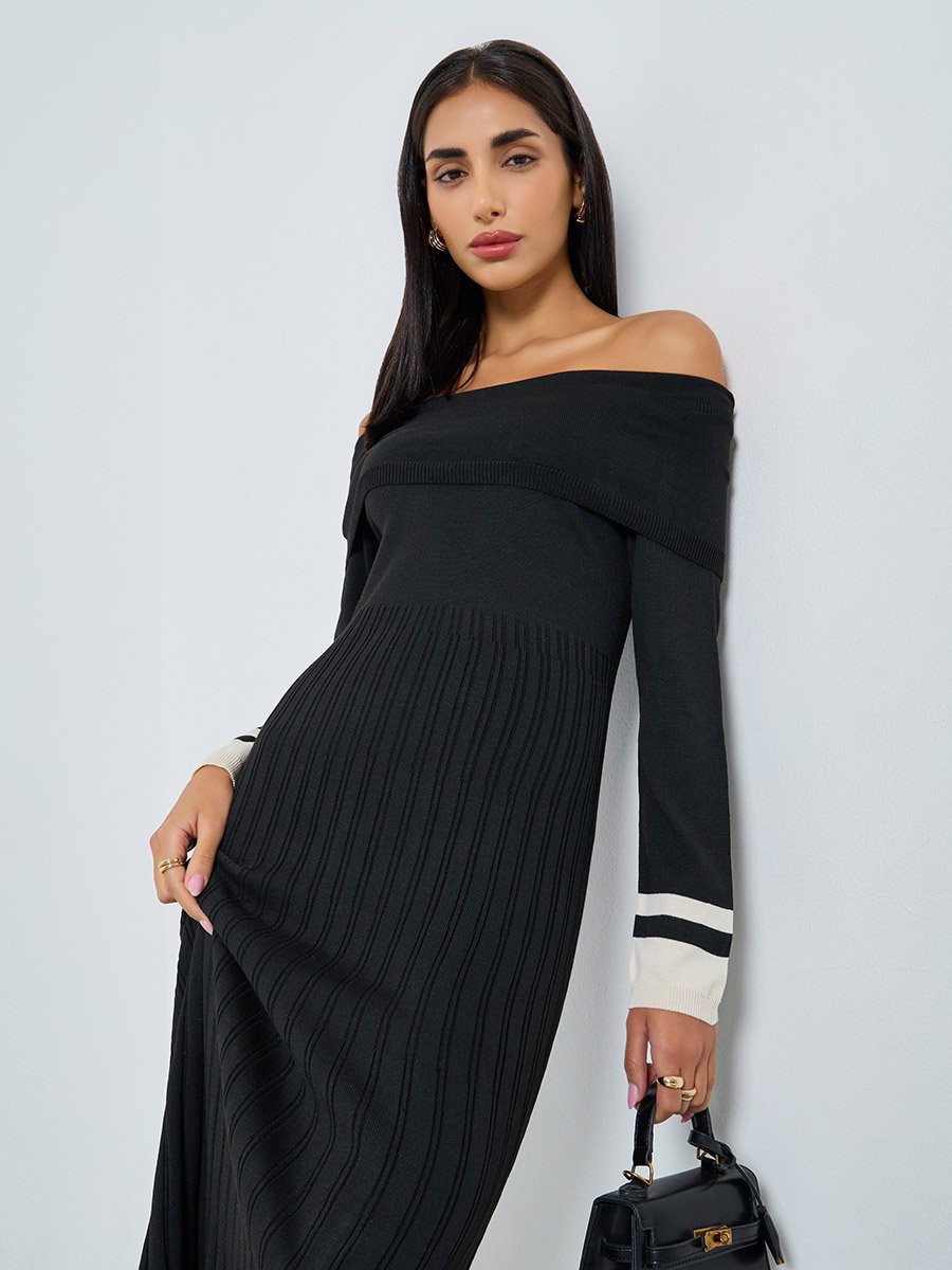 Color Block Off Shoulder Sweater Midi Dress