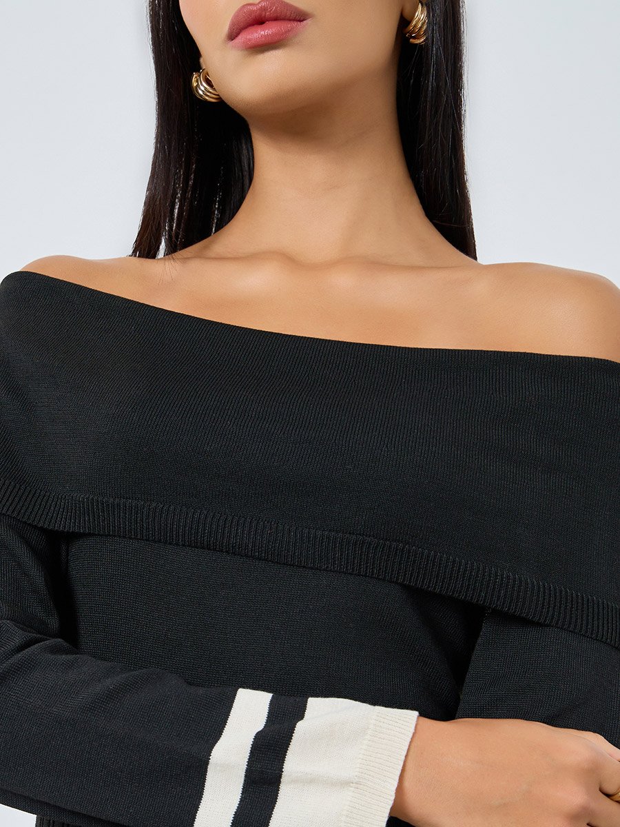 Color Block Off Shoulder Sweater Midi Dress