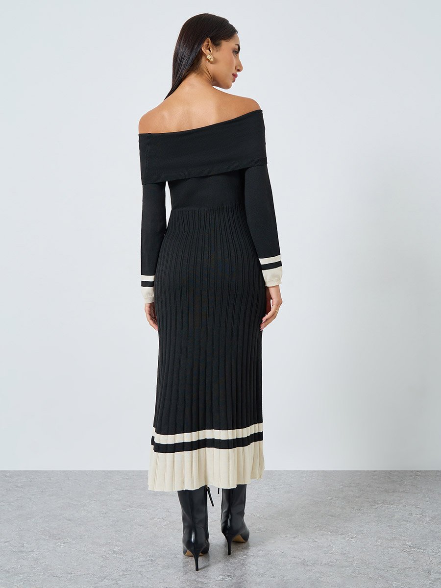 Color Block Off Shoulder Sweater Midi Dress