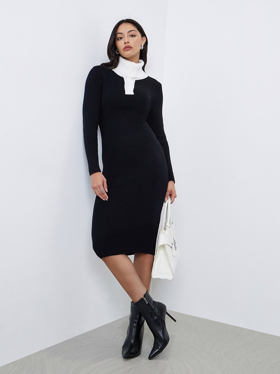 Black Ribbed Knit Sweater Midi Dress