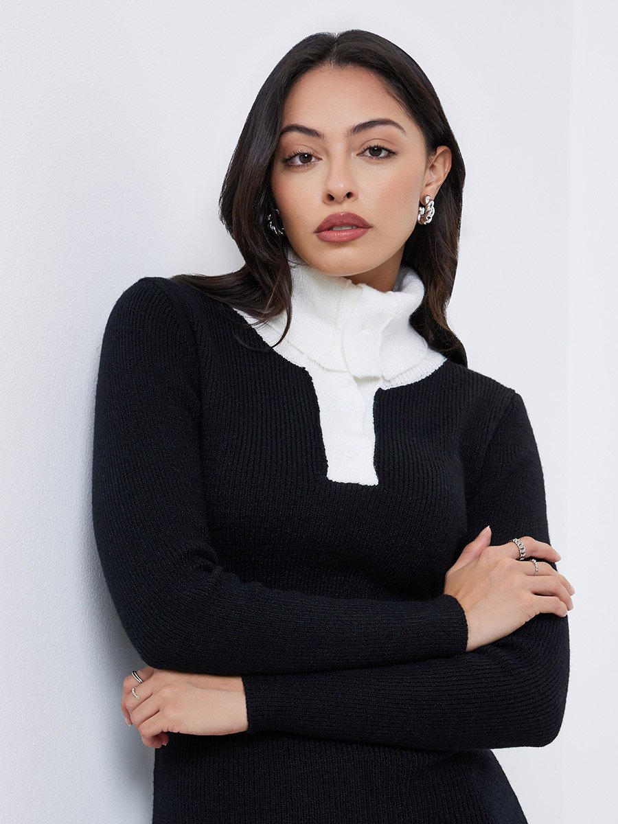Black Ribbed Knit Sweater Midi Dress
