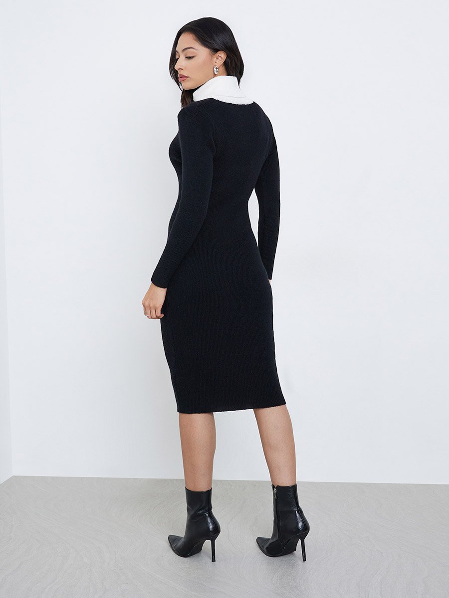 Black Ribbed Knit Sweater Midi Dress