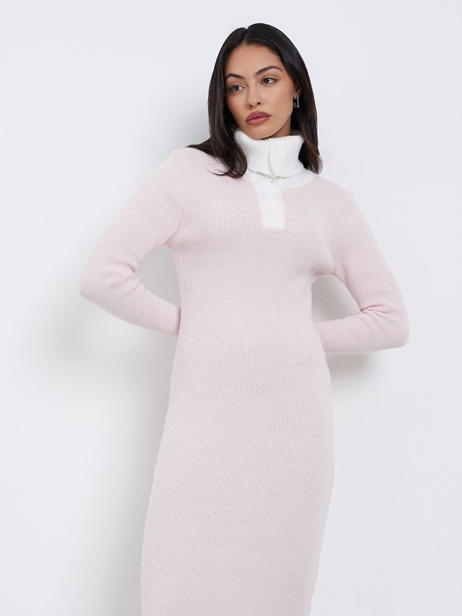 Light Pink Ribbed Knit Sweater Midi Dress