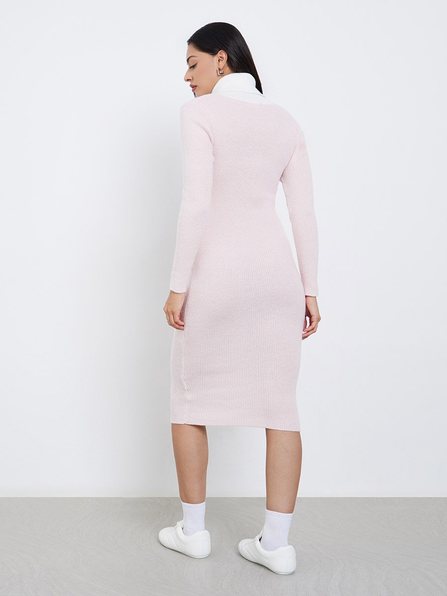 Light Pink Ribbed Knit Sweater Midi Dress
