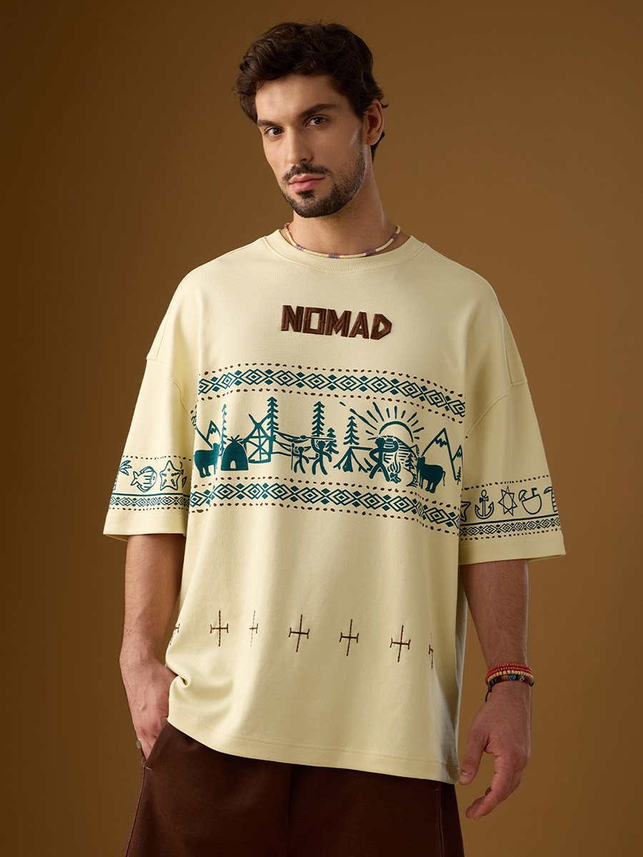 Men Cream Graphic Oversized T-Shirt