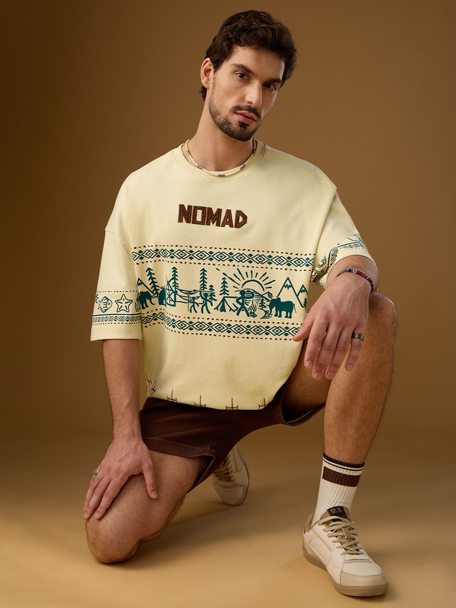 Men Cream Graphic Oversized T-Shirt