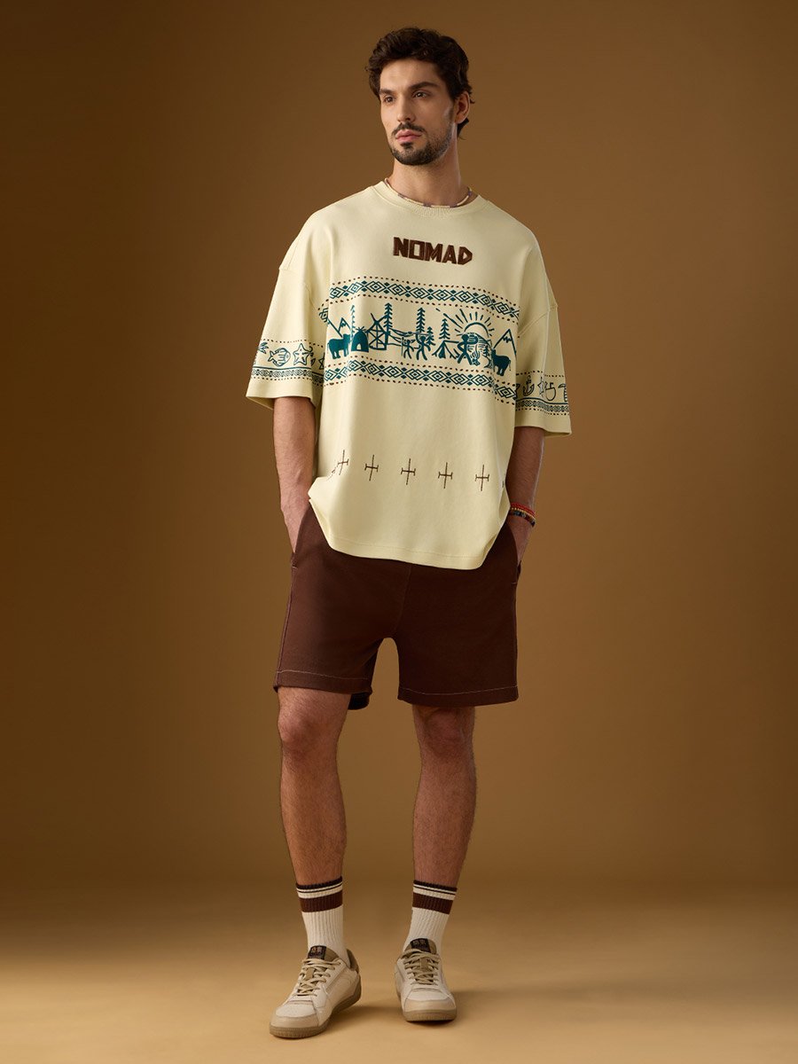 Men Cream Graphic Oversized T-Shirt