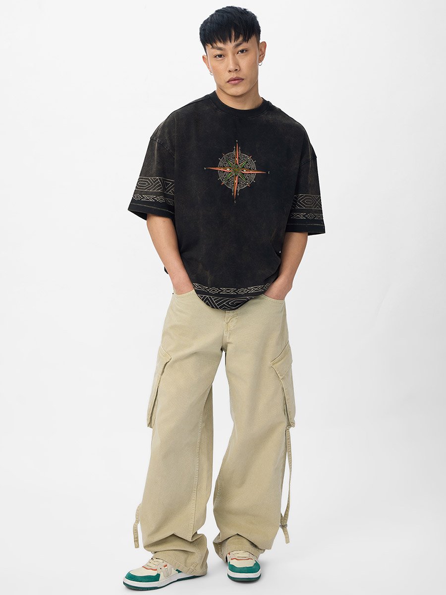 Men Black Embroidered Compass Oversized T-Shirt