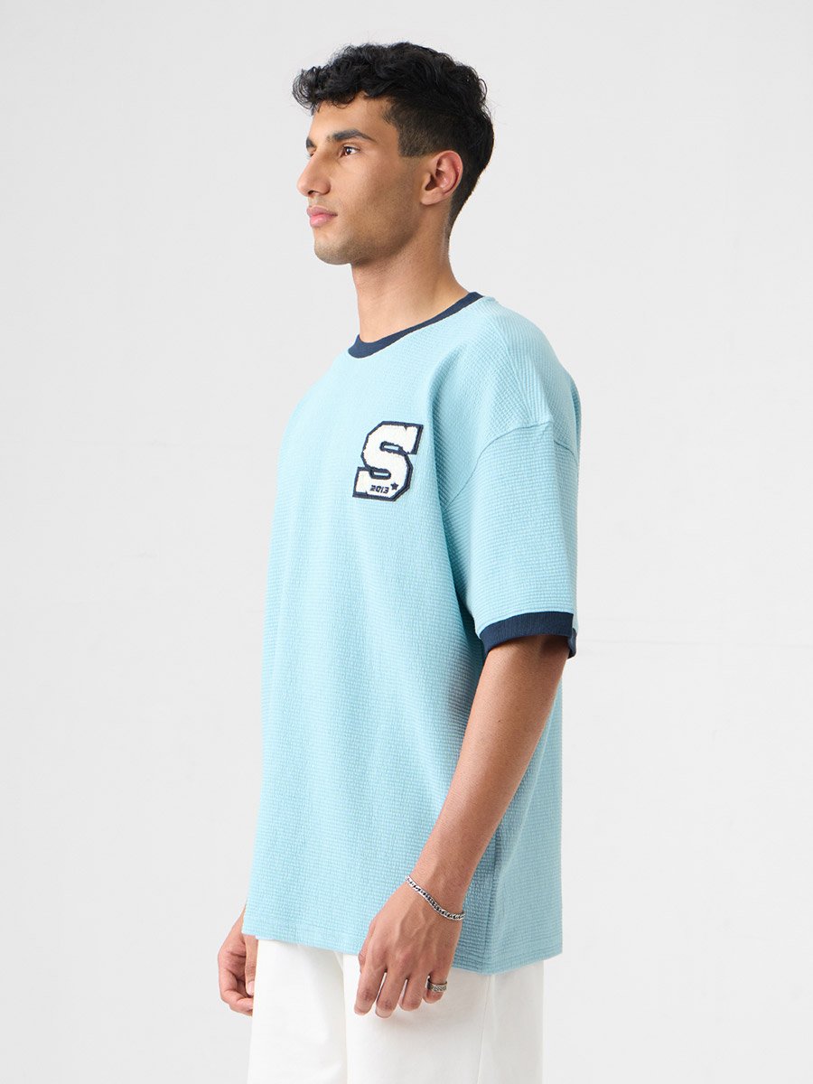 Men Blue Textured Oversized T-Shirt