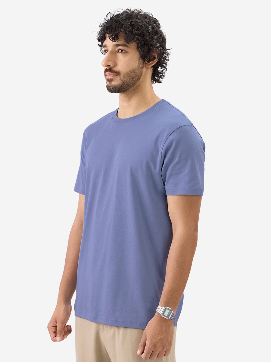 Men Blue Plain Interlock Cotton T-Shirt