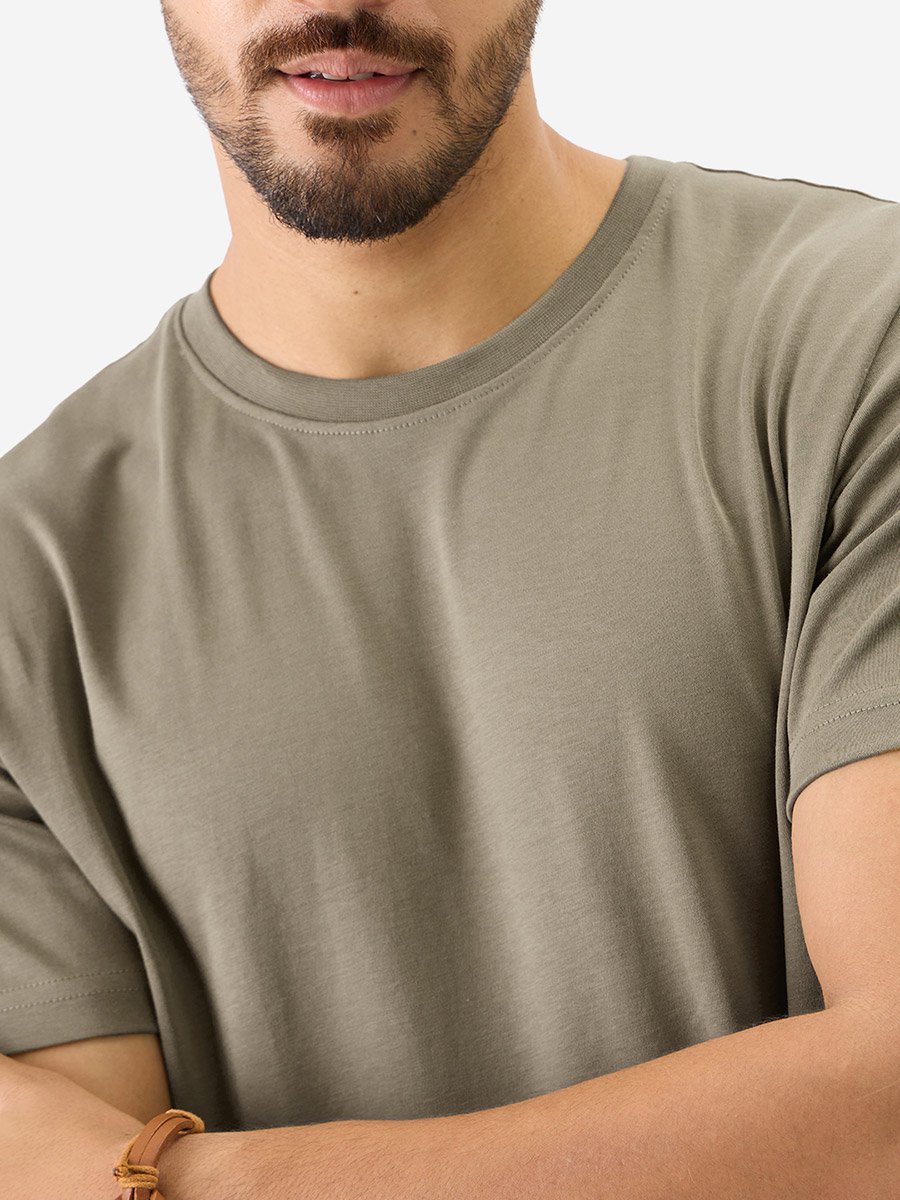 Men Khaki Plain Interlock Cotton T-Shirt