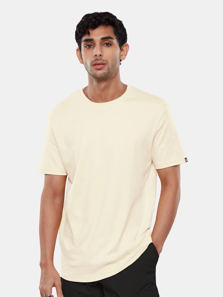 Men Off White Plain Interlock Cotton T-Shirt