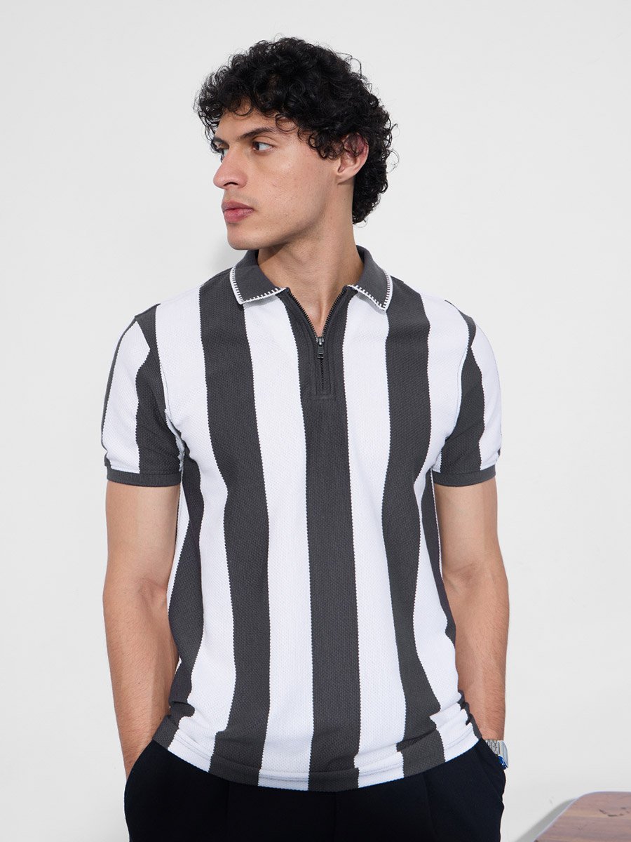 Men Grey Striped Textured Polo