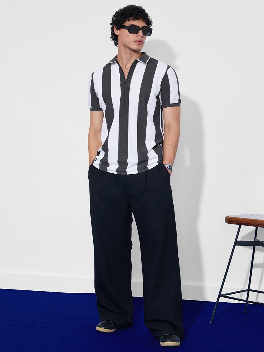 Men Grey Striped Textured Polo
